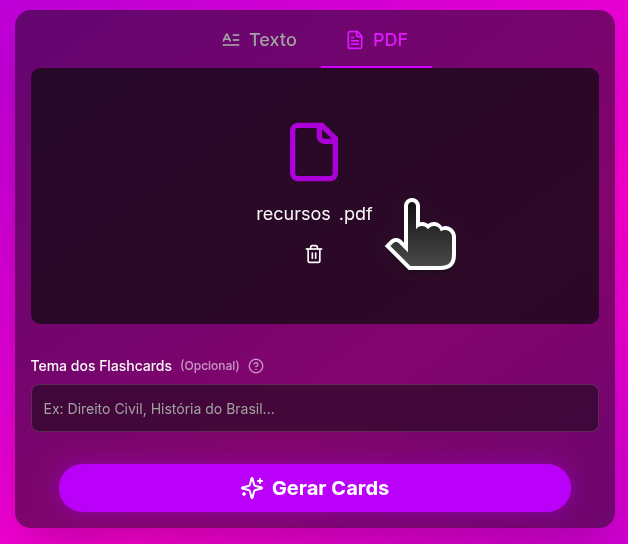 Faça upload de seu material de estudo em formato PDF ou texto.