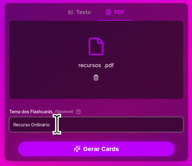 Escolha um tema para os cards. Caso deixe em branco, os cards abrangem qualquer conteúdo do PDF.
